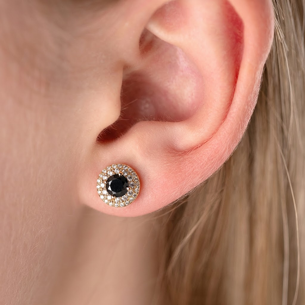 Antialerģiski nagliņu auskari ar melniem kristāliem 'ANGELINA'