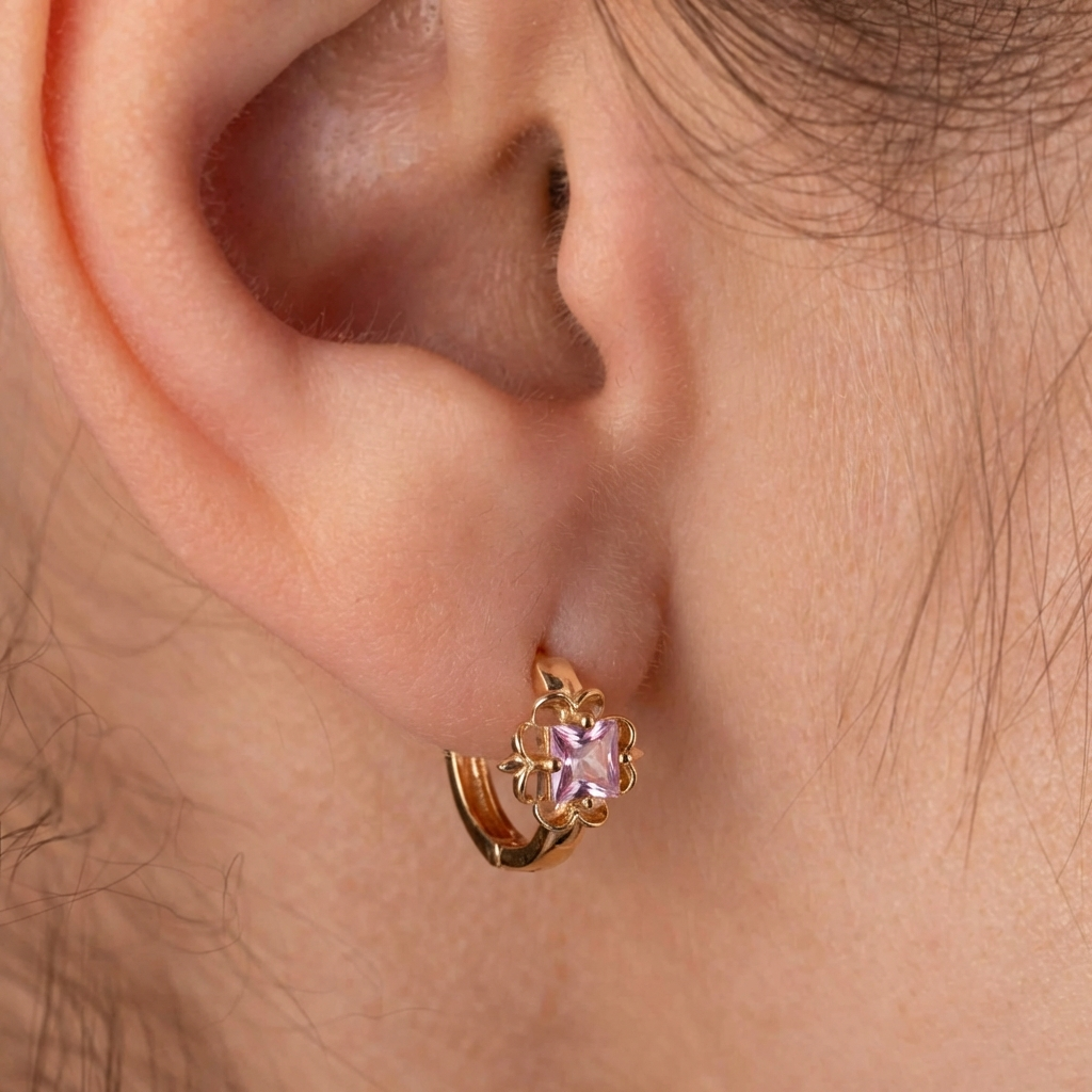 Riņķīšu auskari ar rozā kristāliem ANDROMEDA