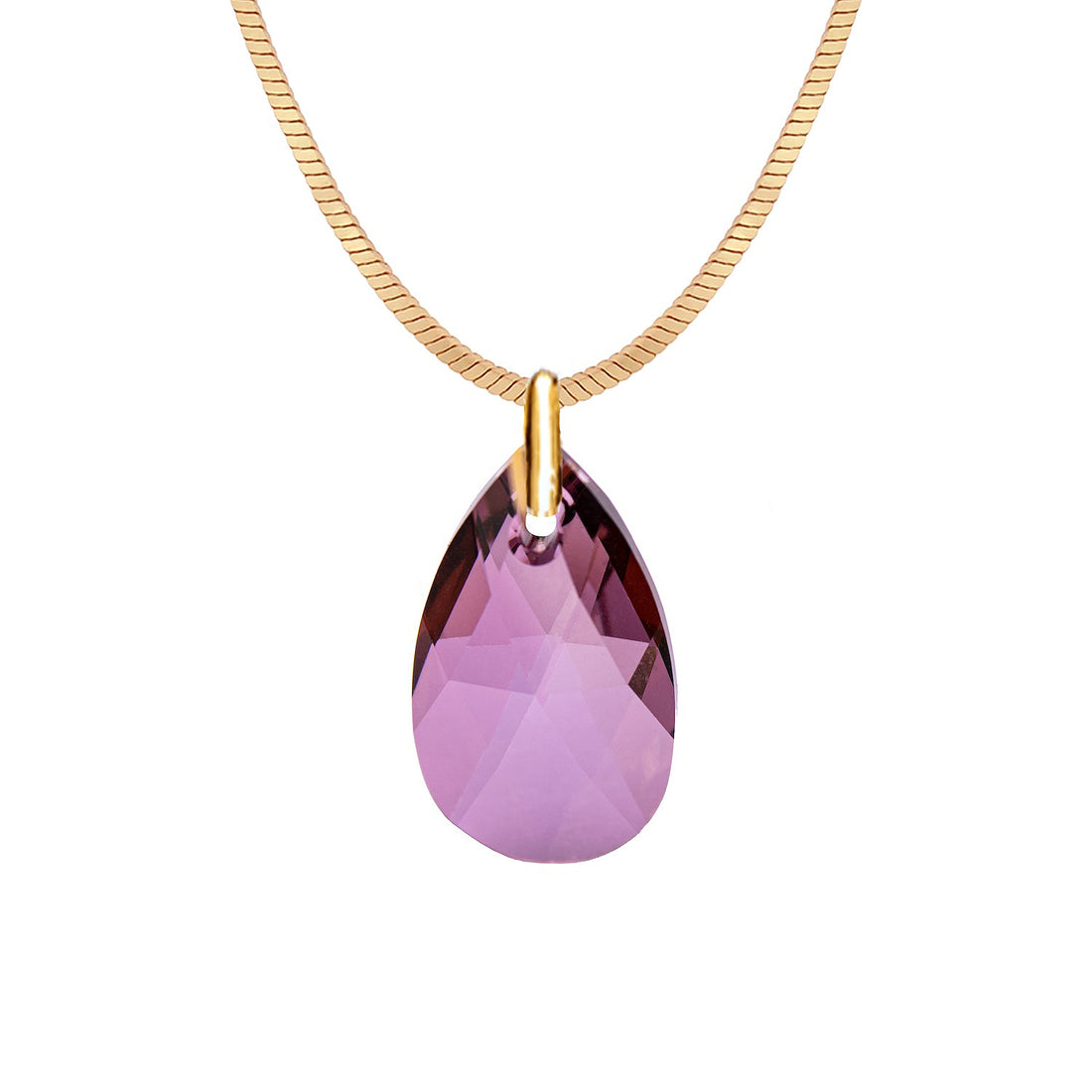 Antialerģiska apzeltīta kaklarota ar rozā kristālu lāsītes kulonu