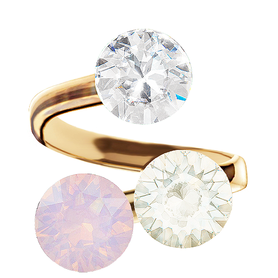 Apzeltīts gredzens ar rozā opāla, caurspīdīgu un baltā opāla kristālu